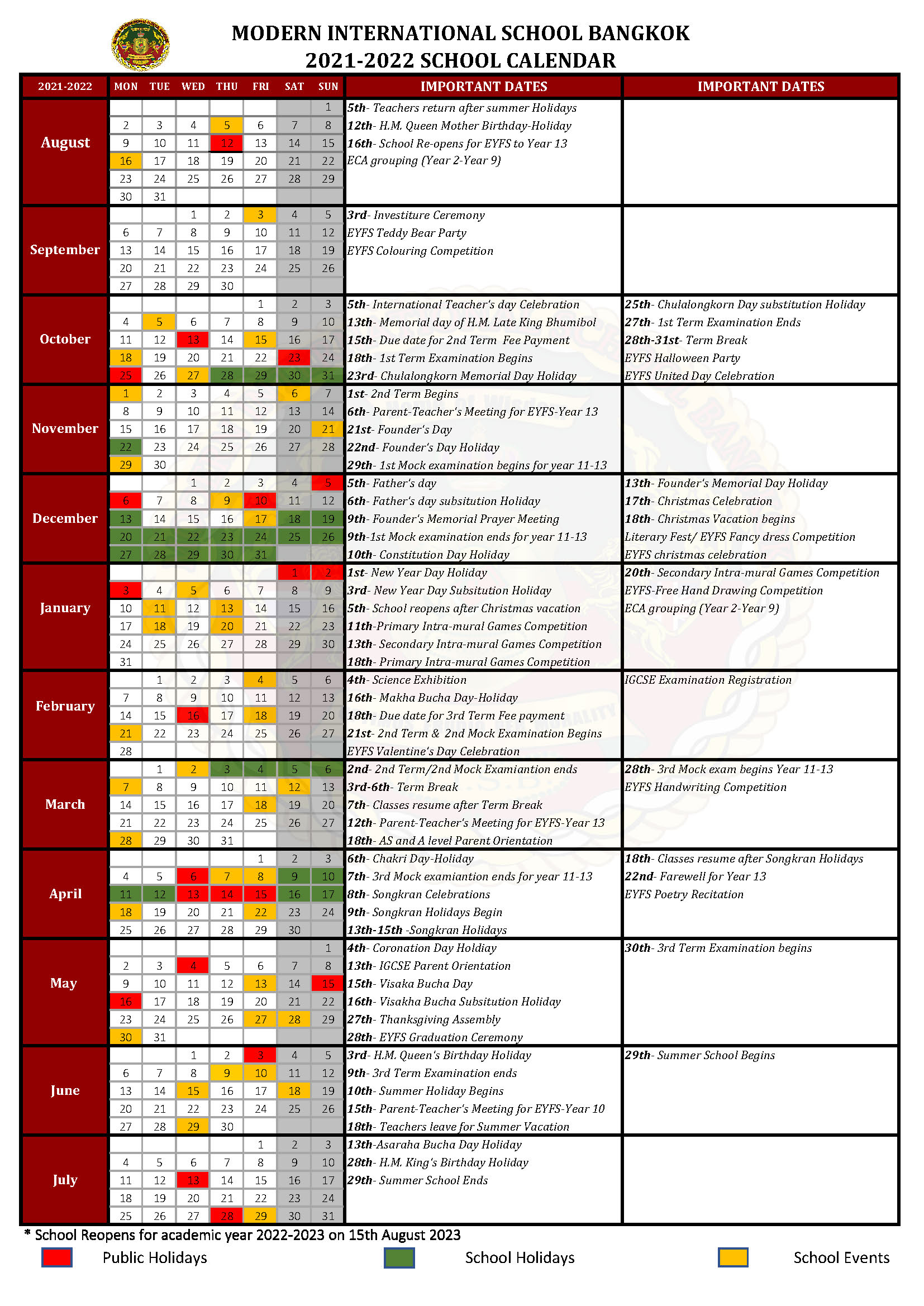 Modern International School Bangkok School Calendar