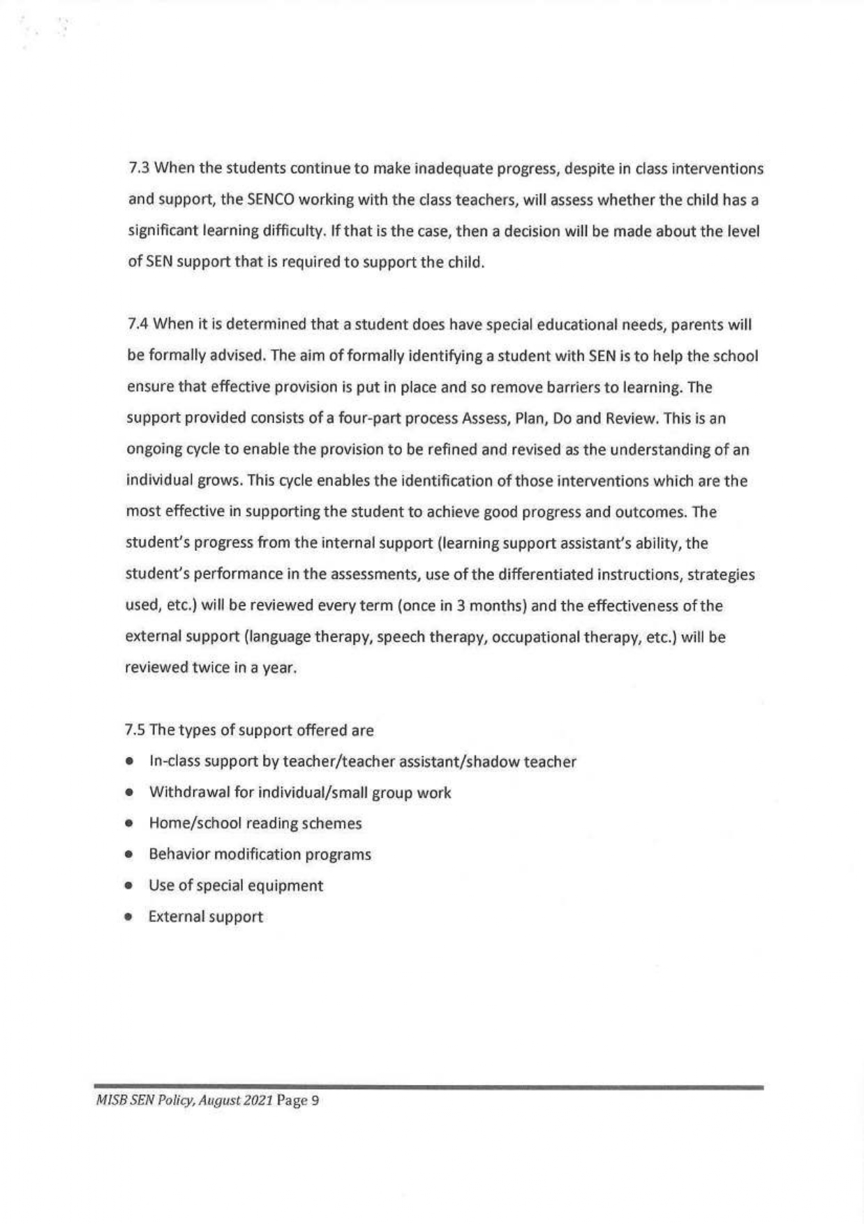 SPECIAL EDUCATIONAL NEEDS POLICY page 0009