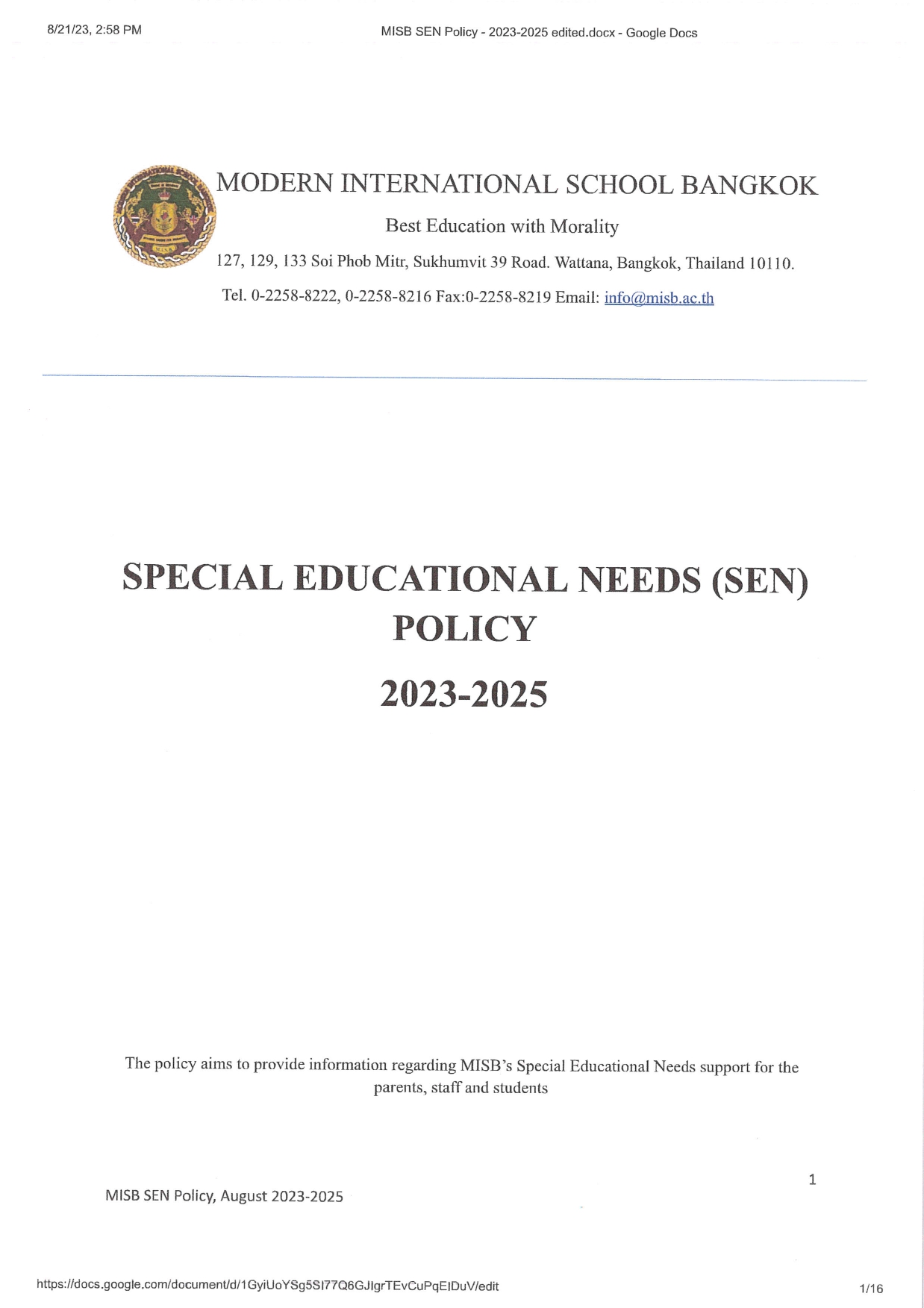 Special Educational Needs SEN Policy 2023 2025 page 0001
